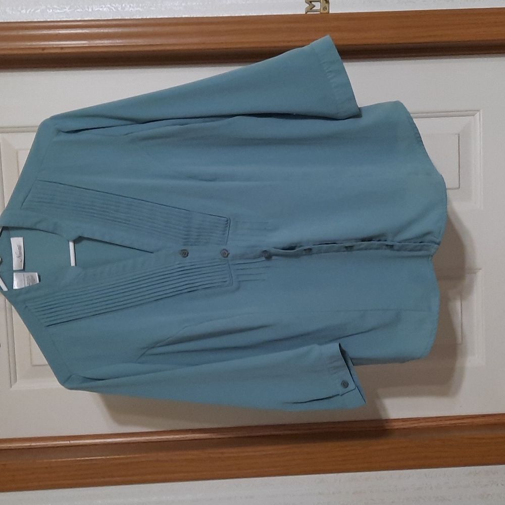 Is green button-down top with buttons on sleevesDown top with buttons on sleeves